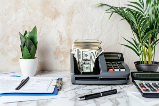 The picture shows a money counting machine with a stack of US $100 dollar bills, a calculator, and some papers on a desk, with a small potted plant on the side, against a light background with a text