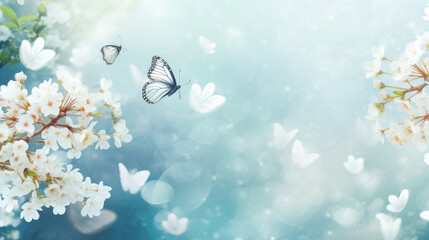 Abstract natural spring background with butterflies and light white meadow flowers closeup.