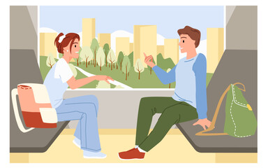 People travel by train, summer park and city landscape with buildings in window vector illustration. Cartoon man and woman with backpacks sit in seats in train compartment, talk in carriage interior