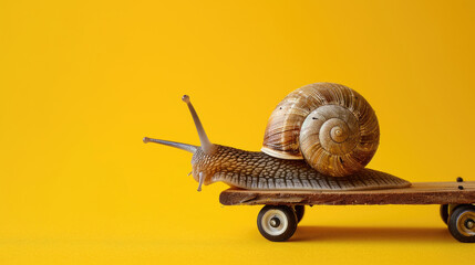 Speedy snail with wheels on yellow background. Concept of speed and success. Speed increase, reptile courier delivery, transportation, efficient fast movement, time saving fast delivery concept - obrazy, fototapety, plakaty