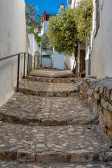 Narrow street with steps in Jimena de la Frontera, a pretty town in the province of Cadiz, Andalusia, Spain