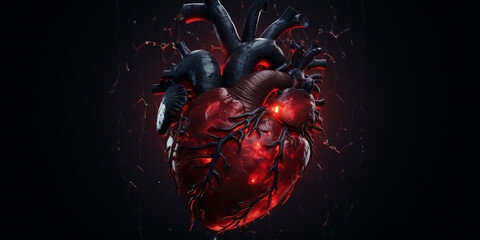 A drawing of a heart with red and blue lights, A red heart with a black background and a black background with red lights, Punk style blood vessel connects engine to human heart ai technology 

