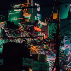 Nightscape of chaotic city rooftop, neon signs and wiring. From the series “Cosmic Living."