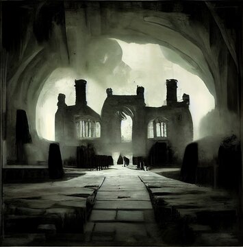 Ink wash illustration of Exham Priory from the H.P. Lovecraft story, "The Rats in the Walls". From the series “Recurring Dreams.”