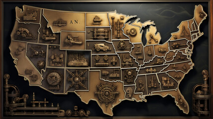 A american country map flag in steampunk style