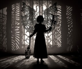 Backlit grayscale interior photograph of a girl evil angel shown in silhouette against dramatic geometric patterns of light and shadow. From the series “Bad LSD," "Recurring Dreams.”