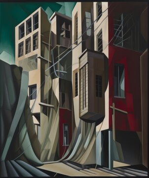 Eye-level Cubist Painting Of City Street At Eye Level With Distorted Perspective And Bold Broken Lines, Dark Colors