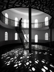 Black and white interior photo of a man on a spiral staircase in a rotunda ringed with windows, sunlight shining in light and shadow patterns. From the series “Art Film - Black and White.” - obrazy, fototapety, plakaty