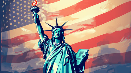 statue of liberty and american flag - obrazy, fototapety, plakaty