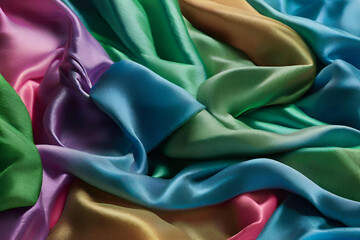 Beautiful silk in vibrant shades of blue and green cloth background. Mock up template for product presentation. 3D rendering. copy text space