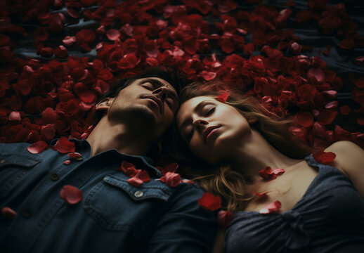 Couple of lovers with their eyes closed on a bed of rose petals.