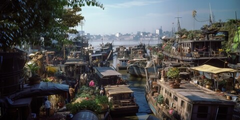 Fototapeta na wymiar Close-up color photograph of small boats crowded in a harbor in a poor country with city skyline showing in the background across the water. From the series “The Phantom Raj,