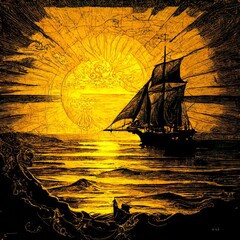 Colored tondo engraving of a wooden sailing ship on an open sea with a stylized sunset background, Victorian detail, rich and vibrant gold and black. From the series “The Phantom Raj.”