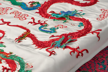 A silk bedspread with intricate dragon motifs in bold, contrasting colors - obrazy, fototapety, plakaty