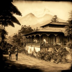 Old sepia photograph of British officers outside a dak bungalow in the Himalayan foothills with tropical vegetation and misty mountain background. From the series “The Phantom Raj.” - obrazy, fototapety, plakaty
