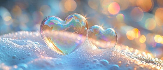 Vivid heart-shaped soap bubbles glowing in neon light reflections with a bokeh effect. Valentine...