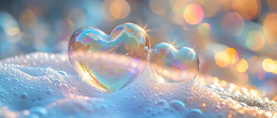 Poster Vivid heart-shaped soap bubbles glowing in neon light reflections with a bokeh effect. Valentine day background with foam © petrrgoskov