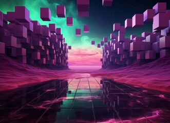 Surreal exterior. Fantastic landscape with geometric mirror objects. Modern fantasy illustrations of unreal nature.