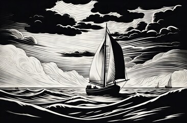 Black and white interwar linocut in book illustration style of sailboat on a gentle rolling sea under cumulus cloud. From the series “Golden Age."