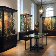 Interior color photograph of Vienna Secession museum exhibition hall with display cases and sculptures of archetypes and dreams, eye-level shot. From the series ““Imaginary Museums.