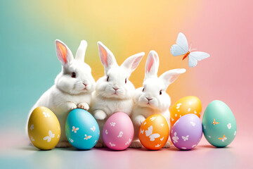 White fluffy bunnies sits on a color background next to eggs. Easter rabbits on colorful background. Cute pet studio shot. Generative Ai