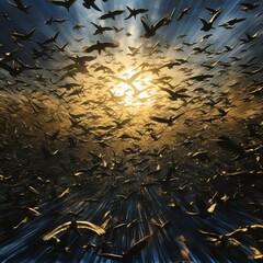 Color illustration of huge murmuration of golden birds flying toward the sun, time lapse, focus stacking, bottom up aerial shot. From the series “Murmuration."
