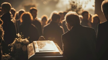 Death, funeral and coffin with family mourning, sad and depressed for grieving time. Grief together, mental health and people in black suits giving their last goodbyes at the cemetery