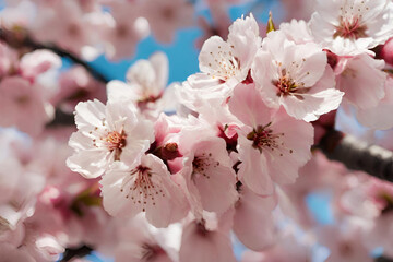Fototapeta premium A detailed close-up of a blooming cherry blossom tree
