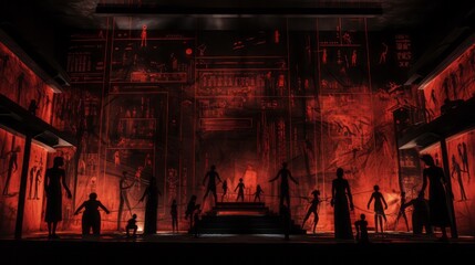 Color illustration of silhouette figures in a large darkened windowless room with murals and hieroglyphics, elevated platforms and ramps, smoky light. From the series “Lost Cities of Central Asia." - Powered by Adobe