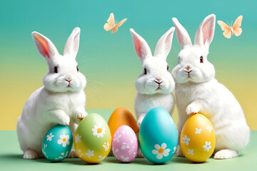 Fototapeta na wymiar White fluffy bunnies sits on a color background next to eggs. Easter rabbits on colorful background. Cute pet studio shot. Generative Ai