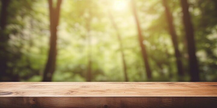 Empty wooden board on table with blurred background, suitable for displaying or montaging products. Vintage filtered image of gray wood in forest during spring season.