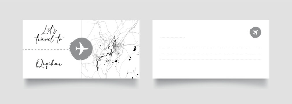 Travel Coupon to Asia China Qiqihar postcard vector illustration