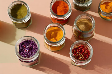 A still life composition of various colorful spices in glass jars