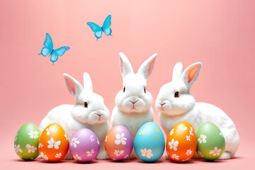 White fluffy bunnies sits on a color background next to eggs. Easter rabbits on colorful background. Cute pet studio shot. Generative Ai