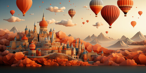 Colorful Hot air balloons flying over ancient Buddhist temples dozens of balloons floating gracefully in the sky World Tourism Day beautiful mountain 3D Rendering beautiful view shimmer background. - obrazy, fototapety, plakaty