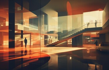 Wide angle color photo of people shown in silhouette in the sunny atrium in a modernist building, multiple exposures, motion blur, light and shadow, photomontage