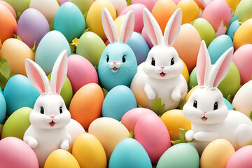 Fototapeta premium White fluffy bunnies sits on a color background next to eggs. Easter rabbits on colorful background. Cute pet studio shot. Generative Ai