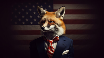 Obraz premium A fox in a business suit and the american flag