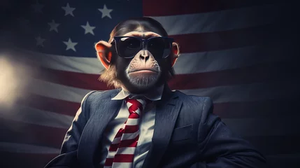 Foto op Plexiglas A monkey in a business suit with sunglasses and the american flag © Andreas