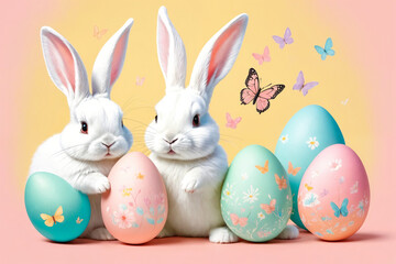 Fototapeta na wymiar White fluffy bunnies sits on a color background next to eggs. Easter rabbits on colorful background. Cute pet studio shot. Generative Ai