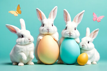 Fototapeta premium White fluffy bunnies sits on a color background next to eggs. Easter rabbits on colorful background. Cute pet studio shot. Generative Ai