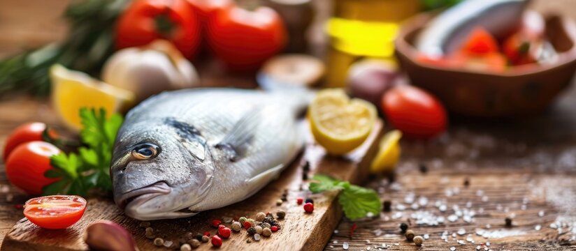 Selective focus on wooden background with raw dorada fish and ingredients.