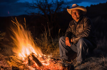Native American Indian man at a campfire