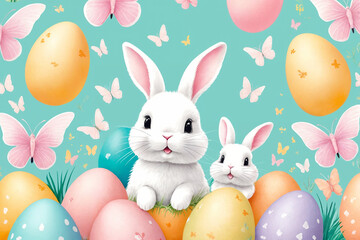 Obraz premium White fluffy bunnies sits on a color background next to eggs. Easter rabbits on colorful background. Cute pet studio shot. Generative Ai