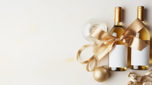 Top View Photo of White Rose, Two Wineglasses, and a Bottle of White Wine with Golden Sequins, Accompanied by a White Giftbox Tied with a Gold Ribbon Bow