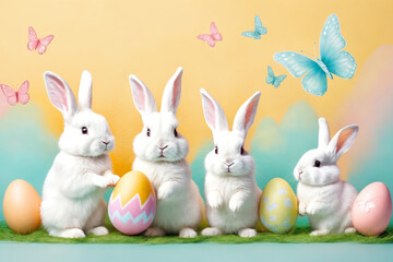 Fototapeta premium White fluffy bunnies sits on a color background next to eggs. Easter rabbits on colorful background. Cute pet studio shot. Generative Ai