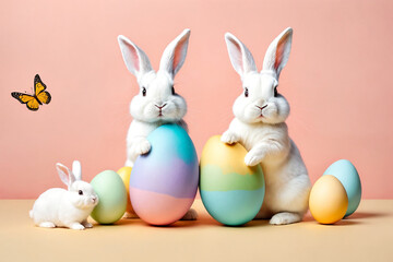 Obraz premium White fluffy bunnies sits on a color background next to eggs. Easter rabbits on colorful background. Cute pet studio shot. Generative Ai