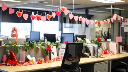 Office spaces decorated in celebration of Valentine's Day, featuring elements like heart-shaped decorations, red and pink color schemes