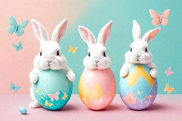 Obraz premium White fluffy bunnies sits on a color background next to eggs. Easter rabbits on colorful background. Cute pet studio shot. Generative Ai