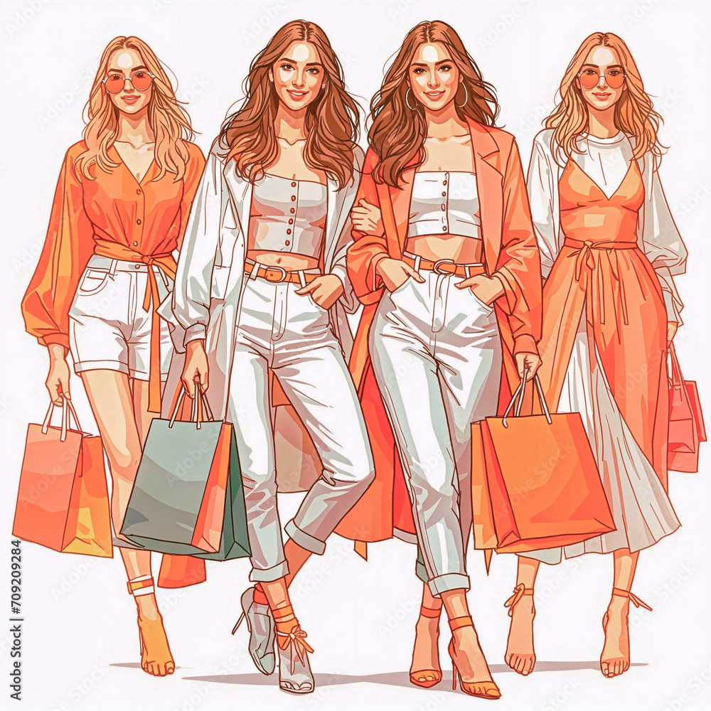 Wall mural Fashion girls with shopping bags. illustration in sketch style.